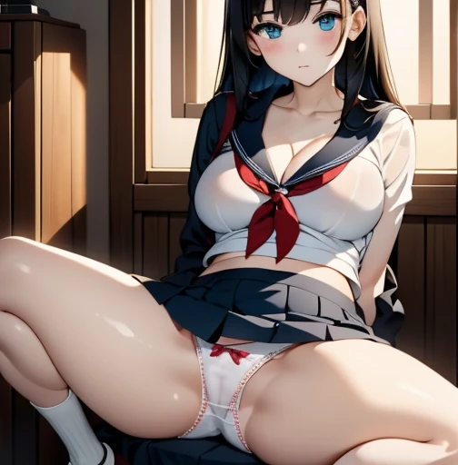 (1 girl),21yo. . high school girl, Yankee,( Black Hair).Medium Hair,,Slender body, Complaints.,serafuku / Sailor Dress / Sailor suit ,Navy Skirt, loose socks, cardigan, (( in motel)),Sitting,orgasm, Thighs, Short Light , Bangs that cover the eyes, , (Cleav...