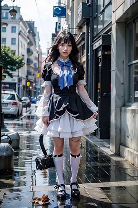 (masterpiece),best quality, frederica bernkastel,dress,  tail bow, cat tail, bowtie, purple eyes, purple hair, mary janes,  socks,  blank eyes, empty eyes,  (raining day:1.2), cloud, street, sidewalk, wet clothes, photorealistic, ((16k photography)), detai...