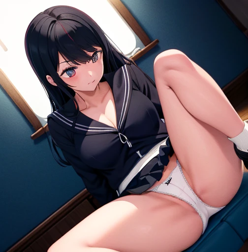 (1 girl),21yo. . high school girl, Yankee,( Black Hair).Medium Hair,,Slender body, Complaints.,serafuku / Sailor Dress / Sailor suit ,Navy Skirt, loose socks, cardigan, (( in motel)),Sitting,orgasm, Thighs, Short Light , Bangs that cover the eyes, , (Cleav...