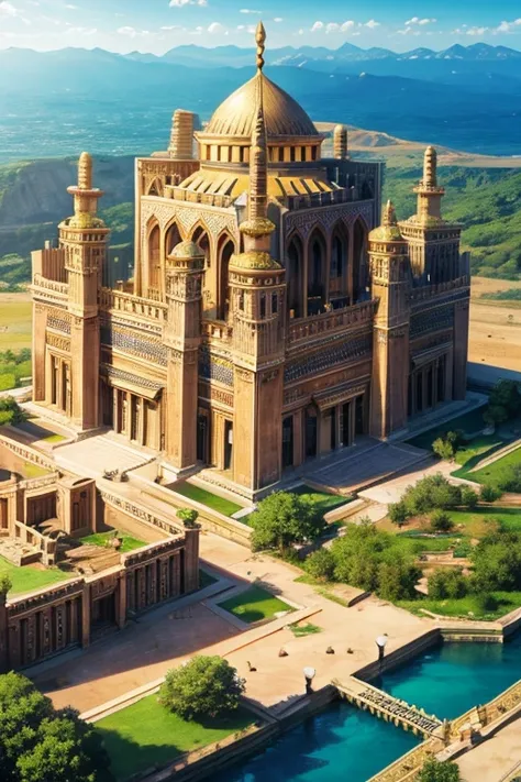 Egyptian palace with Egyptian decorations with towers and forests along with lakes