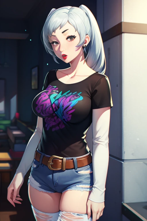 robin fe ,earrings, 1girl, solo, standing, black t-shirt, white shirt, blue jeans, belt, lipstick, large breasts