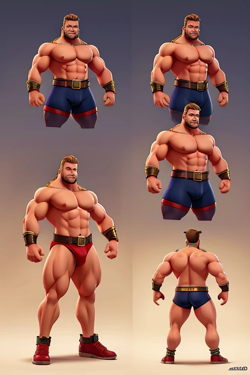 concept art in various angles. Santa Claus muscular Himbo, wearing harness and jockstrap. super hot pose!!! Big muscles, sheet art, wearing gold jewelry and wearing a thong.