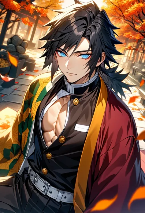 Ultra detailed, Highres, absurdres, HDR, Tomioka Giyuu, black hair with bangs, blue eyes, Kimetsu No Yaiba, haori with patterns, black Demon Slayer uniform, 1 sexy man only, petals, flowers, autumn, handsome, orange leaves, black pants, toned chest, extrem...