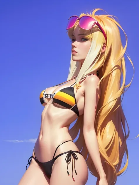 Full body shot of a woman with long hair and wearing a bikini swimsuit, GraceCharis,movie「Summer Beach」From the scene, Inspired by Ruth Deckard,( Art Fitzpatrick ), From Hotline Miami, 