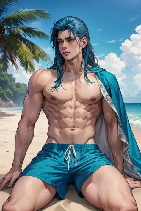 A muscular handsome blue haired man with silver eyes with long hair in swim trunks is laying on a blanket at the beach with a blush