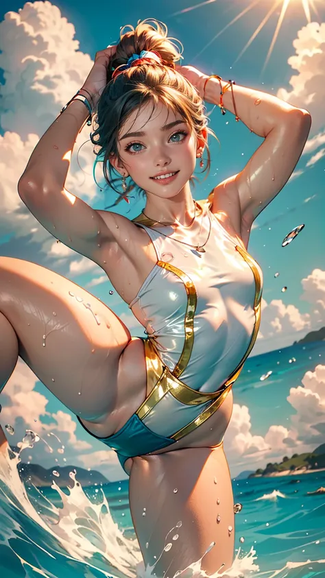 &References;((highest quality)), ((masterpiece)), highest quality), (((3flexible girls))), Gymnast, smile, smile, Ocean, freckles, blush, Staring at the audience, cloud, splash, Wave, sun, Wet , (((Shiny leotard))), ((flexible))、White woman