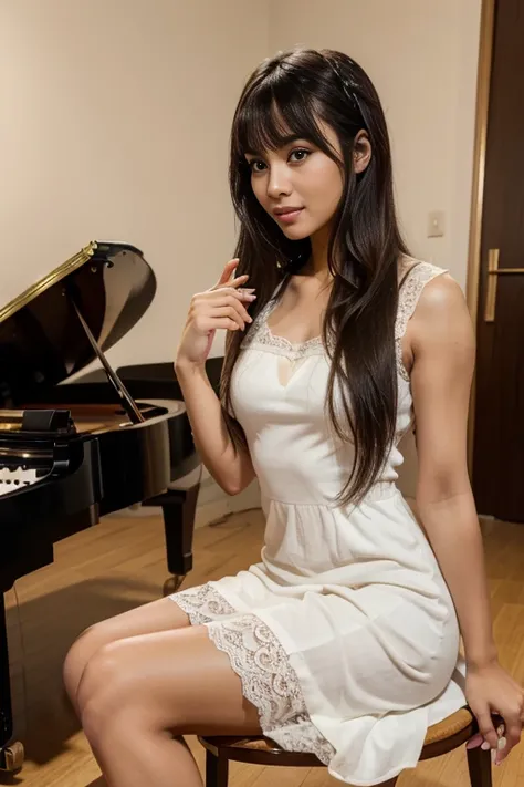 Young sweet beautiful Bogor city girl, 23 years old, descent mixed from sundanese and javanese, sweet georgeus face, slim body, black short hairs pony tailed with a bangs, Greek nose, wearing white beautiful thin lace dress, siting on chair playing a big g...