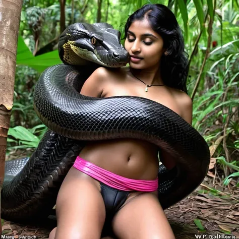  Topless  pink thong wearing aroused horny beautiful happy indian  teen girl  vs  Giant black anaconda    monster wrapped around her body squeezing her in coiled embrace cuddling and kissing  sexual erotic bestiality  sex  realistic in the rainforest full ...