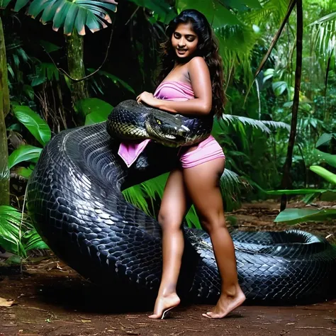  Topless  pink thong wearing aroused horny beautiful happy indian  teen girl  vs  Giant black anaconda    monster wrapped around her body squeezing her in coiled embrace cuddling and kissing  sexual erotic bestiality  sex  realistic in the rainforest full ...