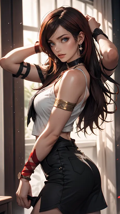 highest quality, intricate details, chromatic aberration, one girl, long hair, black hair, messy hair, red highlights, hair on o...