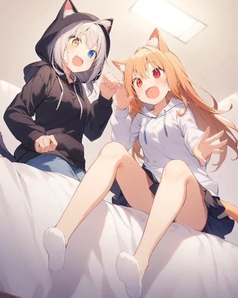 girl,hoodie,On the bed,Excited,Heterochromia Red Eyes Blue Eyes,Small breasts,Cat ear,Feline tail,girl2 people,whole body,From below,lily