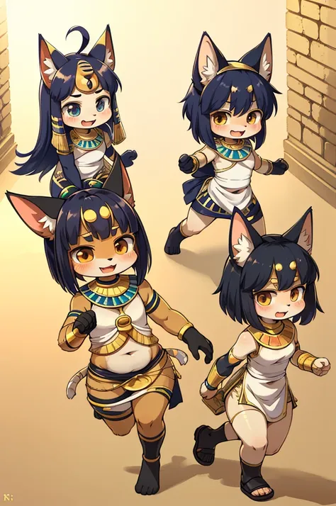 super deformed anime style , hairy chibi Bastet girl , Body Type , round body , round face , Hair ties , innocent big smile , close eyes , open mouth , Ancient Egyptian neat clothing , in the ancient Egypt , dynamic childish Running around action , (Severa...