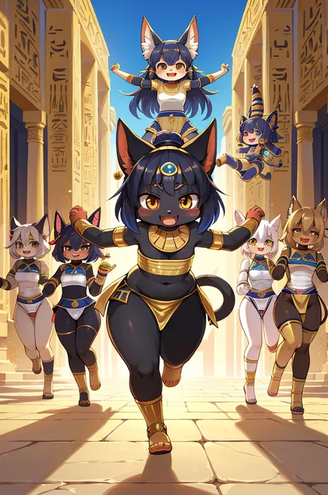 super deformed anime style , hairy chibi Bastet girl , Body Type , round body , round face , Hair ties , innocent big smile , close eyes , open mouth , Ancient Egyptian neat clothing , in the ancient Egypt , dynamic childish Running around action , (Severa...