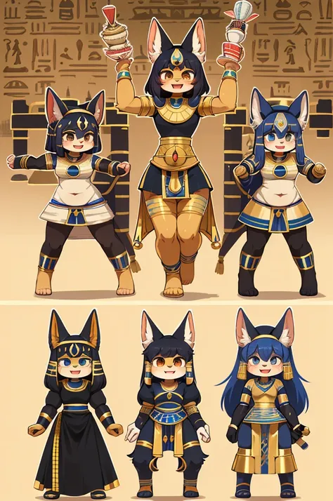 super deformed style , hairy chibi Bastet girl , Body Type , round body , round face , Hair ties , innocent big smile , close eyes , open mouth , Ancient Egyptian neat clothing , in the ancient Egypt , dynamic childish Running around action , (Several mode...