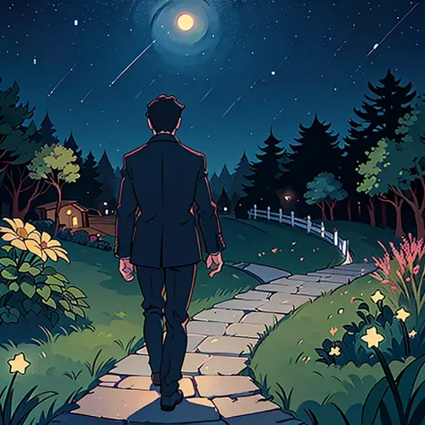 A man in a garden on a starry night on an illuminated path walking away from a woman while thinking that the image is animated