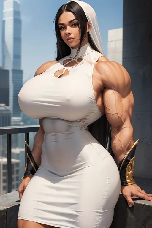 ((((Massive tall, beautiful, buff, light brown skinned muscular woman with black hair, ginormous bulky muscles and wearing a beautiful white pencil dress)))), (close view), massive muscles, massive biceps, hyper muscle shoulders, massive muscle arms, vascu...