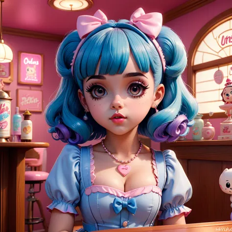 Cute Melanie Martinez as a very cute anime character, Cartoon Character, Unreal Engine Warm Interior Lighting Art Station Detailed Digital Painting Character Design Mark Ryden Pixar Hayao Miyazaki Unreal 5 Dazz Hyper Real - Octane Neon Rendering