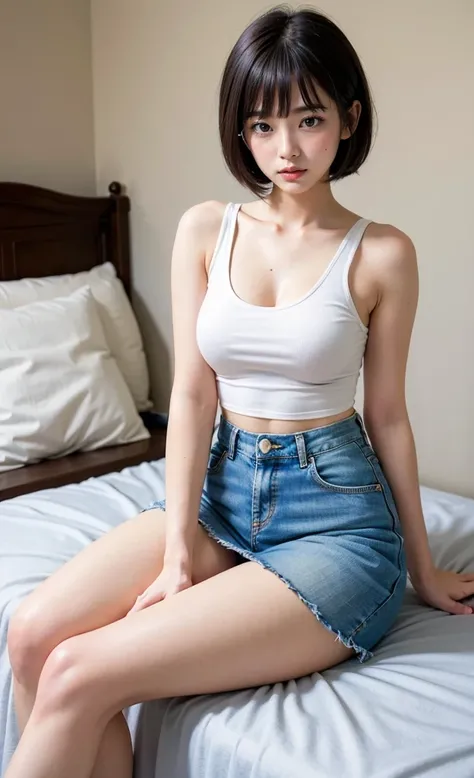 1girl, 18 years old busty woman, shy, eyeglasses, bob_cut, bangs, pink blush, white tank top with thin strap, cleavage, big , small waist, denim, miniskirt, thicc_thighs
thighs, legs, perfect fingers, bedroom, nightime, sitting on bed, 