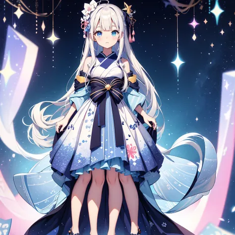 vtuber-fullbody、standing strait、super high quality、masterpiece、muste piece、1 girl, milky white smooth long hair　blue gradation、 ...