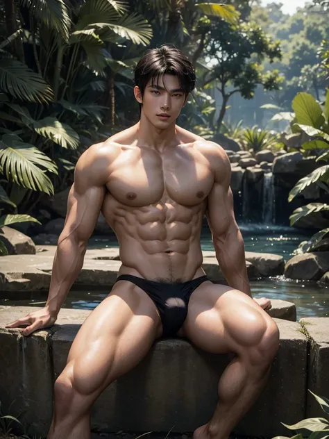 Masterpiece, Best Quality, 2 Asian Model Men, muscular, white skin, lifted arms, spread legs, sitting, sexy bikini, park background, standing, hard lighting on the body, Natural eyes, Short and delicate black hair, Sexy Man, looking at the viewer, shirtles...