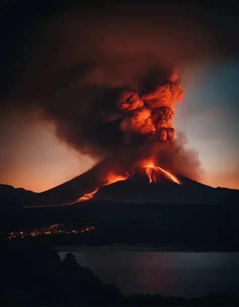 Volcanic eruption at night.