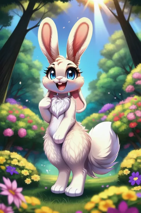 zoomed out image, fantasy style art, cute, adorable, little fluffy female white bunny with blue eyes, 2 extra ears, 4 ears, big ...