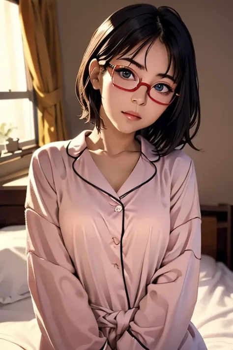 (masterpiece, highest quality), One Girl,  Satou, Satou, Glasses, pajamas, Satou, Glasses, 赤いフレームのGlasses, In bed:1.5,Head to waist,Hotel Rooms,pajamas姿,