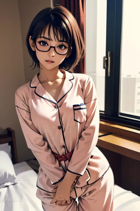 (masterpiece, highest quality), One Girl,  Satou, Satou, Glasses, pajamas, Satou, Glasses, 赤いフレームのGlasses, In bed:1.5,Head to waist,Hotel Rooms,pajamas姿,