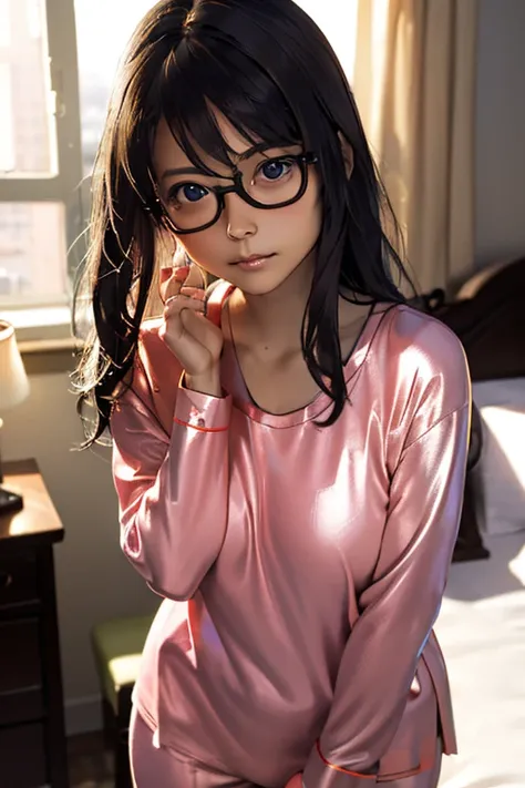 (masterpiece, highest quality), One Girl,  Satou, Satou, Glasses, pajamas, Satou, Glasses, 赤いフレームのGlasses, In bed:1.5,Head to waist,Hotel Rooms,pajamas姿,