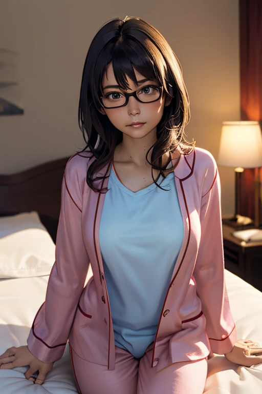 (masterpiece, highest quality), One Girl,  Satou, Satou, Glasses, pajamas, Satou, Glasses, 赤いフレームのGlasses, In bed:1.5,Head to waist,Hotel Rooms,pajamas姿,