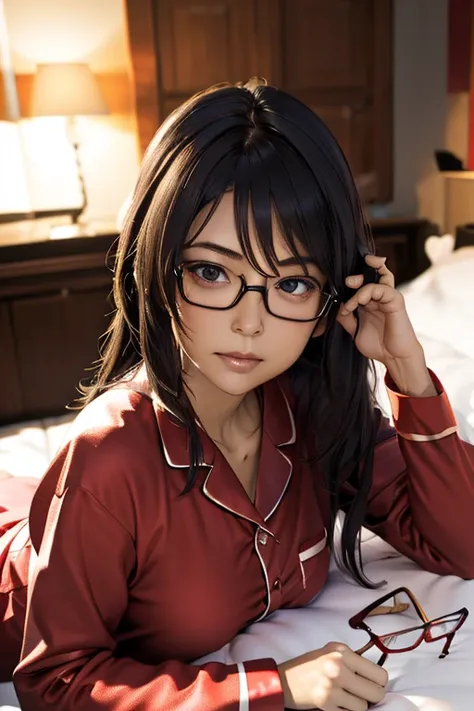 (masterpiece, highest quality), One Girl,  Satou, Satou, Glasses, pajamas, Satou, Glasses, 赤いフレームのGlasses, In bed:1.5,Head to waist,Hotel Rooms,pajamas姿,