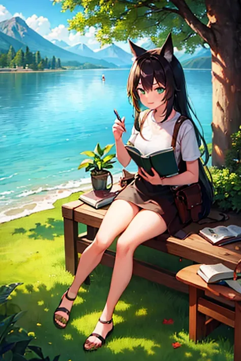 masterpiece, highest quality,, One girl, Sitting, animal, animal ears, bird, black_hair, Book, Bookmark, branch, gloves, Grass, green hair, Holding, Holding Book, Food, Food down, leaf, View your viewers, multicolored hair, open_Book, partially fingerless ...