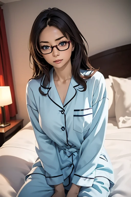 (masterpiece, highest quality), One Girl,  Satou, Satou, Glasses, pajamas, Satou, Glasses, 赤いフレームのGlasses, In bed:1.5,Head to waist,Hotel Rooms,pajamas姿,