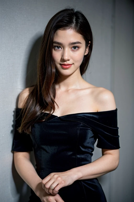 ((highest quality、8k、masterpiece:1.3))、Photorealistic, Sharp focus, high resolution, High resolution,Portraiture, one person、Japanese、woman, beautiful woman, (((black　Off the shoulder　 dress)))、30 years old, Plump, Medium Long Hair,smile