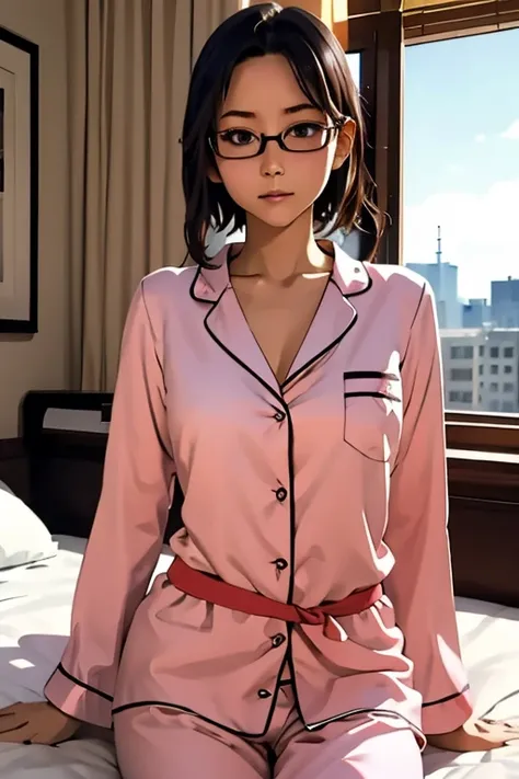 (masterpiece, highest quality), one girl,  satou, satou, glasses, pajamas, satou, glasses, 赤いフレームのglasses, in bed:1.5,head to wa...