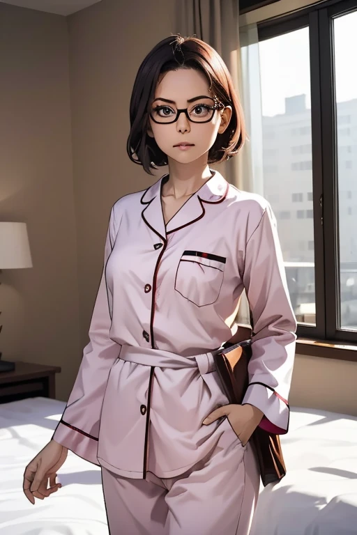 (masterpiece, highest quality), One Girl,  Satou, Satou, Glasses, pajamas, Satou, Glasses, 赤いフレームのGlasses, In bed:1.5,Head to waist,Hotel Rooms,pajamas姿,