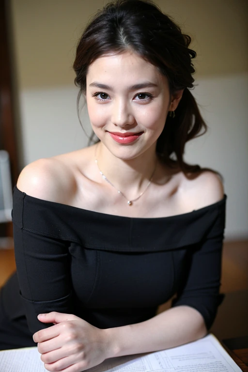 ((highest quality、8k、masterpiece:1.3))、Photorealistic, Sharp focus, high resolution, High resolution,Portraiture, one person、Japanese、woman, beautiful woman, (((black　Off the shoulder　 dress)))、30 years old, Plump, Medium Long Hair,smile