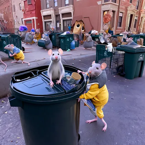 Pixar style rats taking selfies in front of a garbage can, a fashionably dressed influencer rat acts like the trash is gross while other rats feast