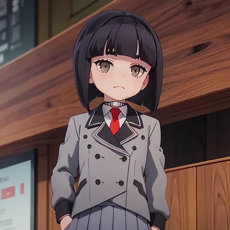 otome saotome, short hair, black hair, blunt bangs, brown eyes,
choker, , grey jacket, red necktie, long skirt,