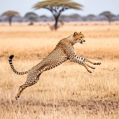 A cheetah is chasing an Impala on the plains of Africa, high speed, motion blur