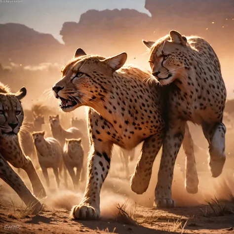 (best quality,4k,8k,highres,masterpiece:1.2),ultra-detailed,(realistic,photorealistic,photo-realistic:1.37),cheetah chasing Impala,high-speed motion blur,fast, agile cheetah,quick, panicked Impala,grasslands of Africa,savannah ecosystem,dry, golden plains,...