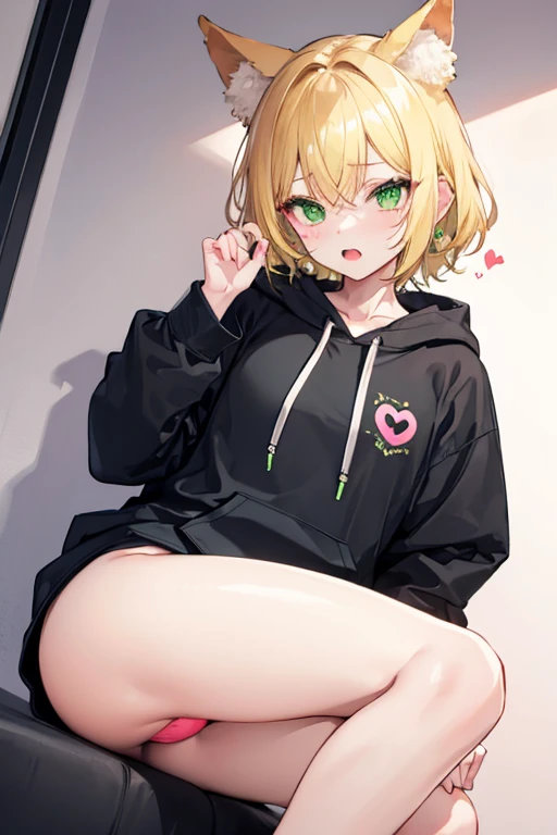 cute femboy, wearing lime hoodie with a heart shape, blonde ears, green eyes, heart pupils, no pants or underwear under the hoodie, embarrassment 100%