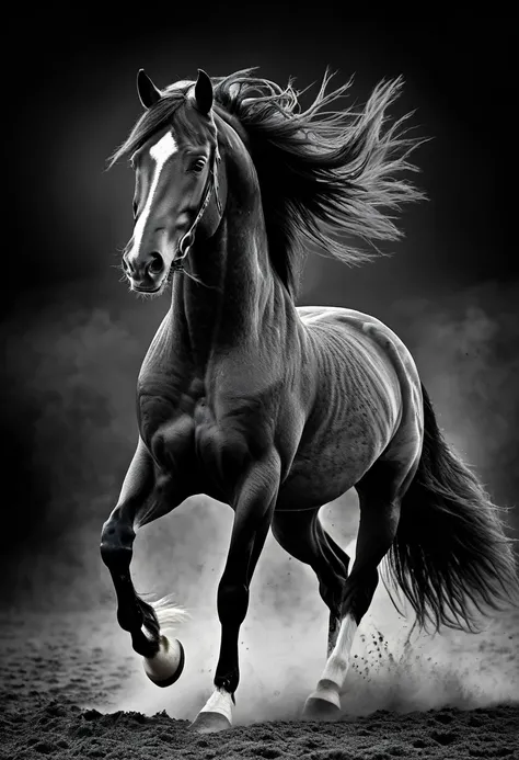 ((fotografia en blanco y negro:1.6)),(best quality,4k,8k,highres,masterpiece:1.2),ultra-detailed,(realistic,photorealistic,photo-realistic:1.37),dramatic lighting,elegant strong horse,vibrant colors,dynamic composition,impressive stance,striking shadows,ho...