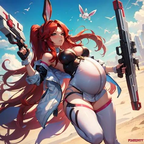  pregnant battle bunny miss Fortune, tight bodysuit, red hair, cleavage, wants to have sex with me 