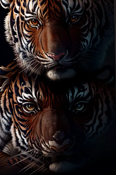 ((very close-up, face of a tiger among shadows: 1.6)), (best quality, 8k, highres, masterpiece: 1.2), between trees and plants, on the prowl, lights and shadows, mystery, magical majestic, hyper-realistic , sharpness, best photography, HD, 8K, enchanting f...