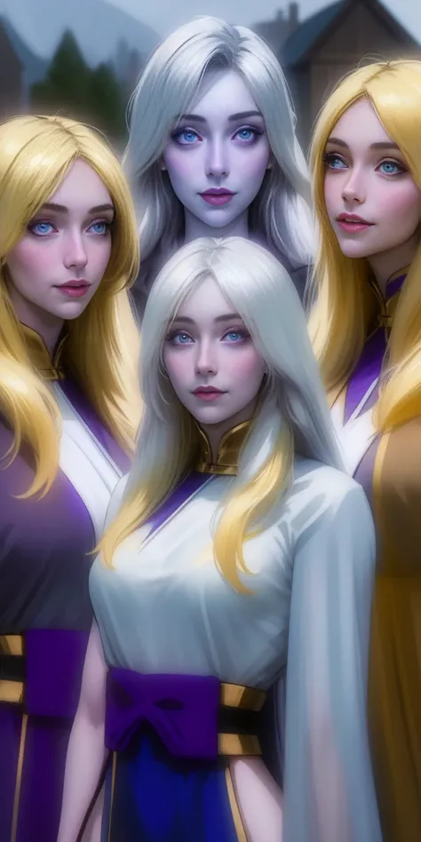 (triplets) (chest covered) (smile) gray skin, pale golden hair and violet eyes. they prefer clothing of white and silver with cl...