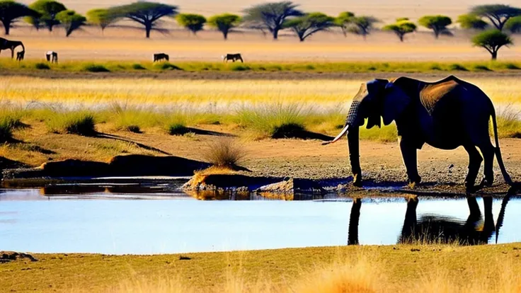 animal pictures、African steppe、river、Drink water