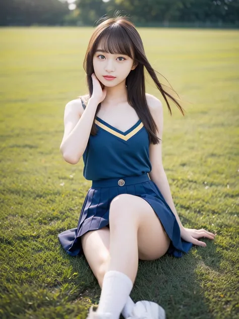 (masterpiece, highest quality:1.4), Award-winning portraits, 8k, 85mm, alone, Beautiful Face, Delicate girl,  (Cheerleader、On the grass), Sophisticated, cute, 15 years old, RAW Photos, Confused, High resolution, Sharp focus, Background Blur、(((flat  、thin ...