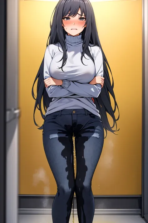 A woman with very long black hair, (very long hair:1.25) and (long bangs:1.5), wearing a stylish wool turtleneck sweater with jeans, long sleeves, (low-rise jeans:1.25), (low-cut jeans:1.25), standing. The artwork is inspired by manga and incorporates a do...