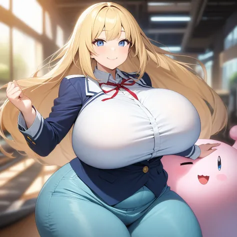 (masterpiece quality, high resolution, detailed background:1.25), (solo, 1  very curvy highschool girl:1.5), bikini, (cool, boyish:1.25), (large heavy fat jiggly bouncy wobbly motherly breasts:1.35), looking at viewer, smile, long blonde hair, beautiful bl...